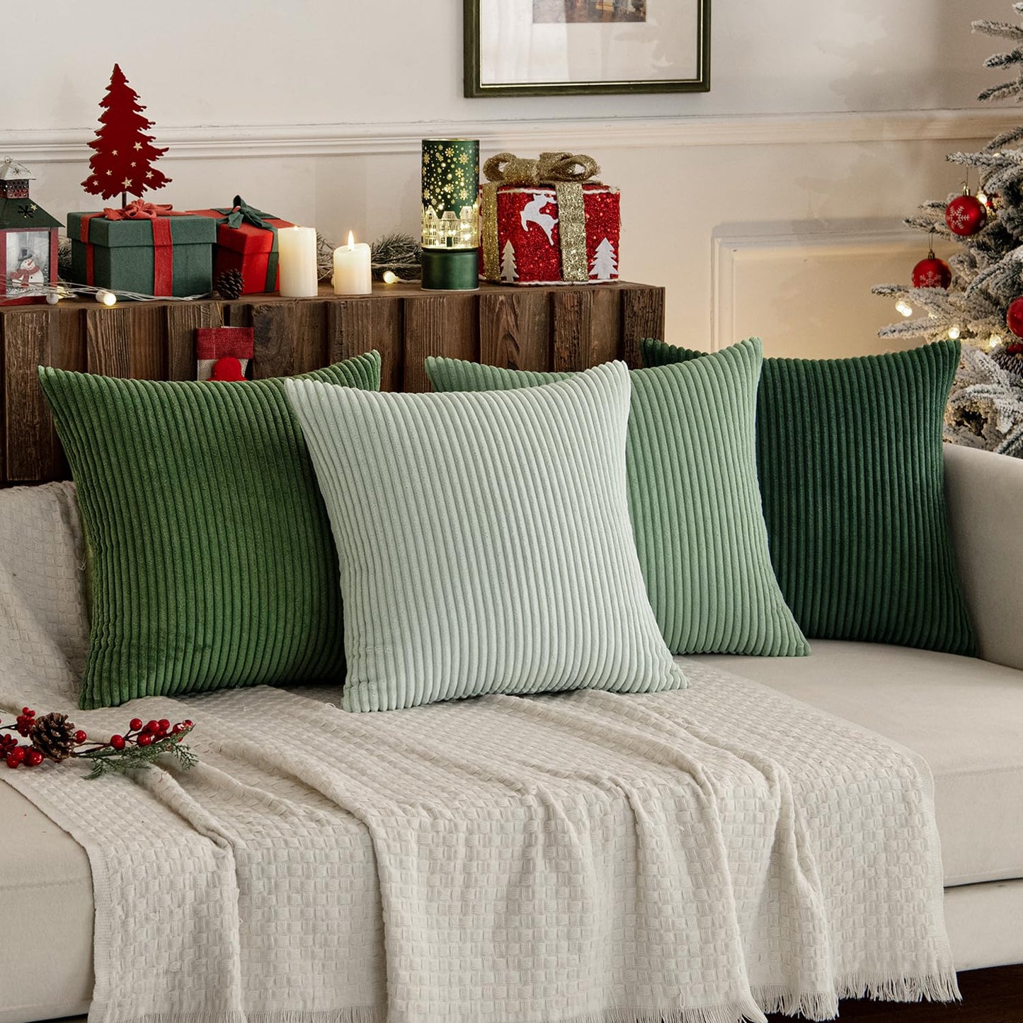 Boho Sage Green Corduroy Throw Pillow Cover Set