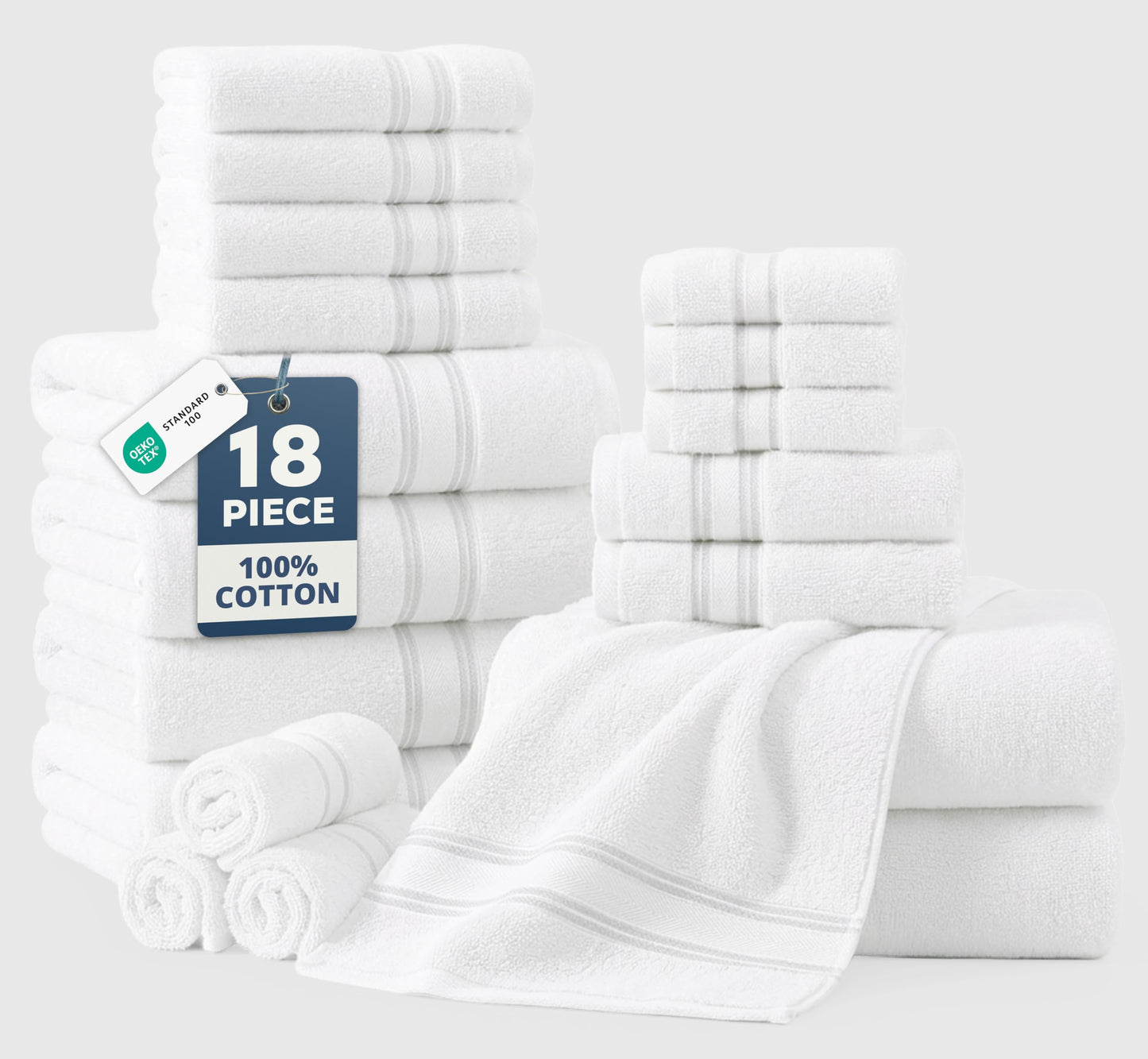 18-Piece Zero Twist Cotton Towel Set, White