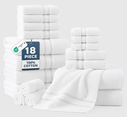 18-Piece Zero Twist Cotton Towel Set, White