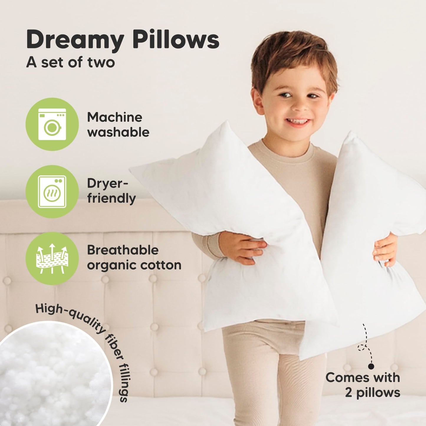 2-Pack Organic Cotton Toddler Pillows for Sleeping