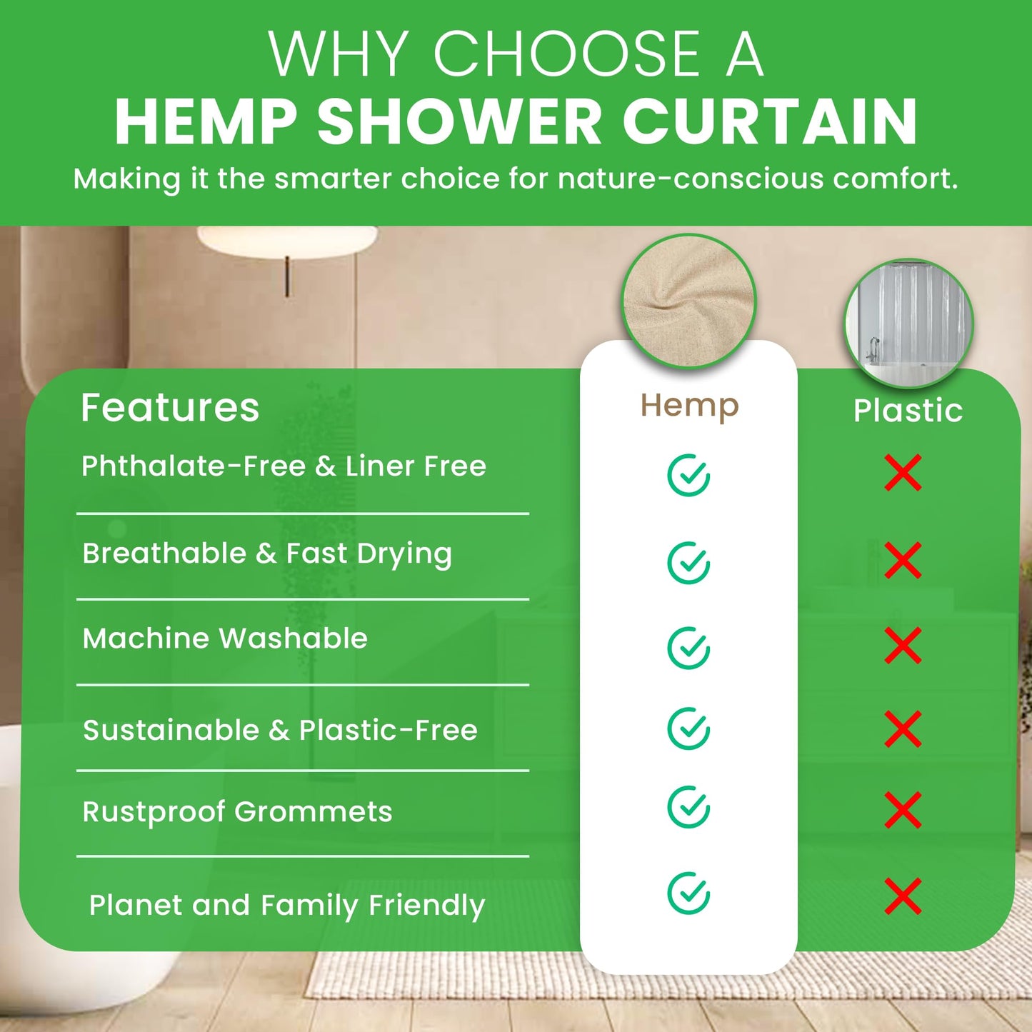 Natural Hemp Fabric Shower Curtain Liner