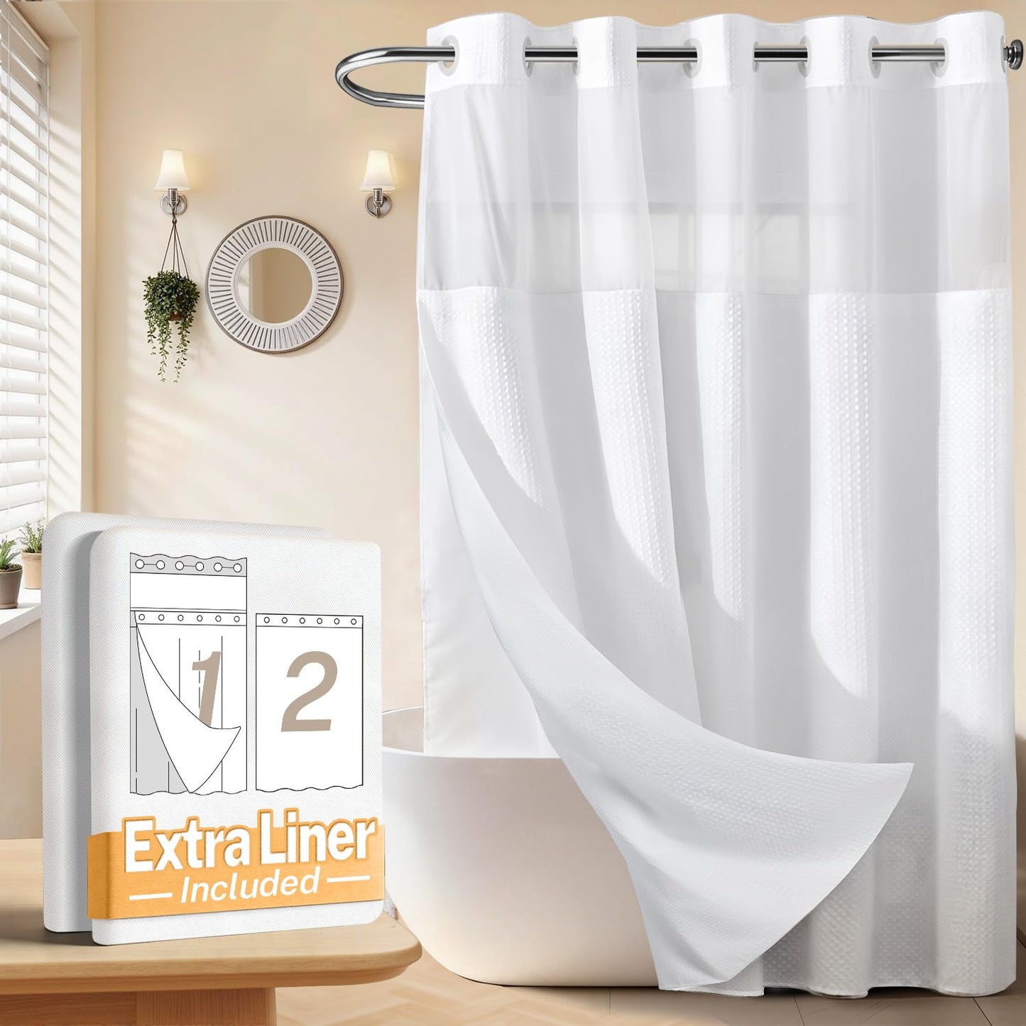 Waffle Weave Shower Curtain with Snap-In Liner