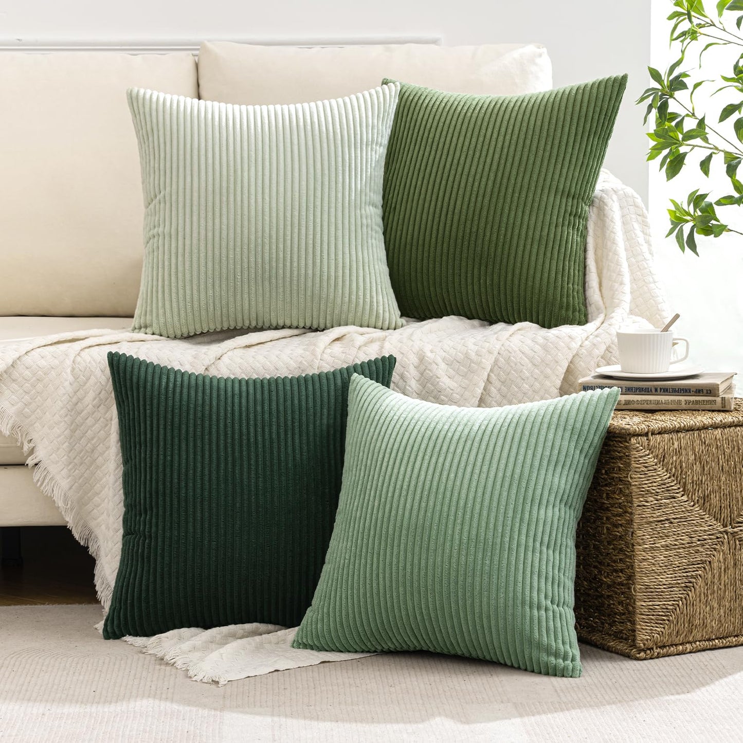 Boho Sage Green Corduroy Throw Pillow Cover Set