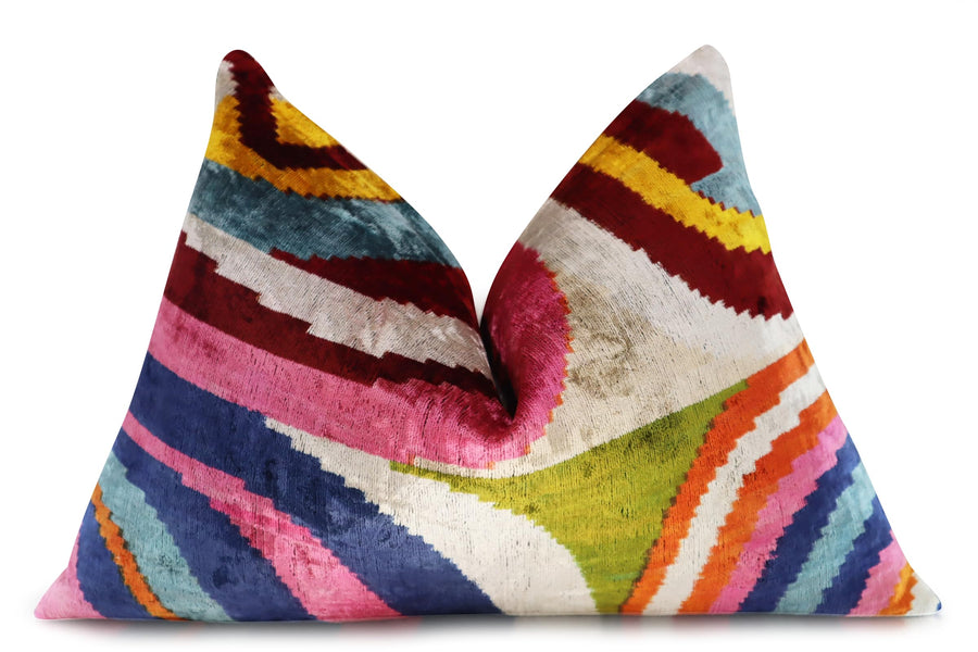 Rainbow Silk Velvet Ikat Throw Pillow Cover