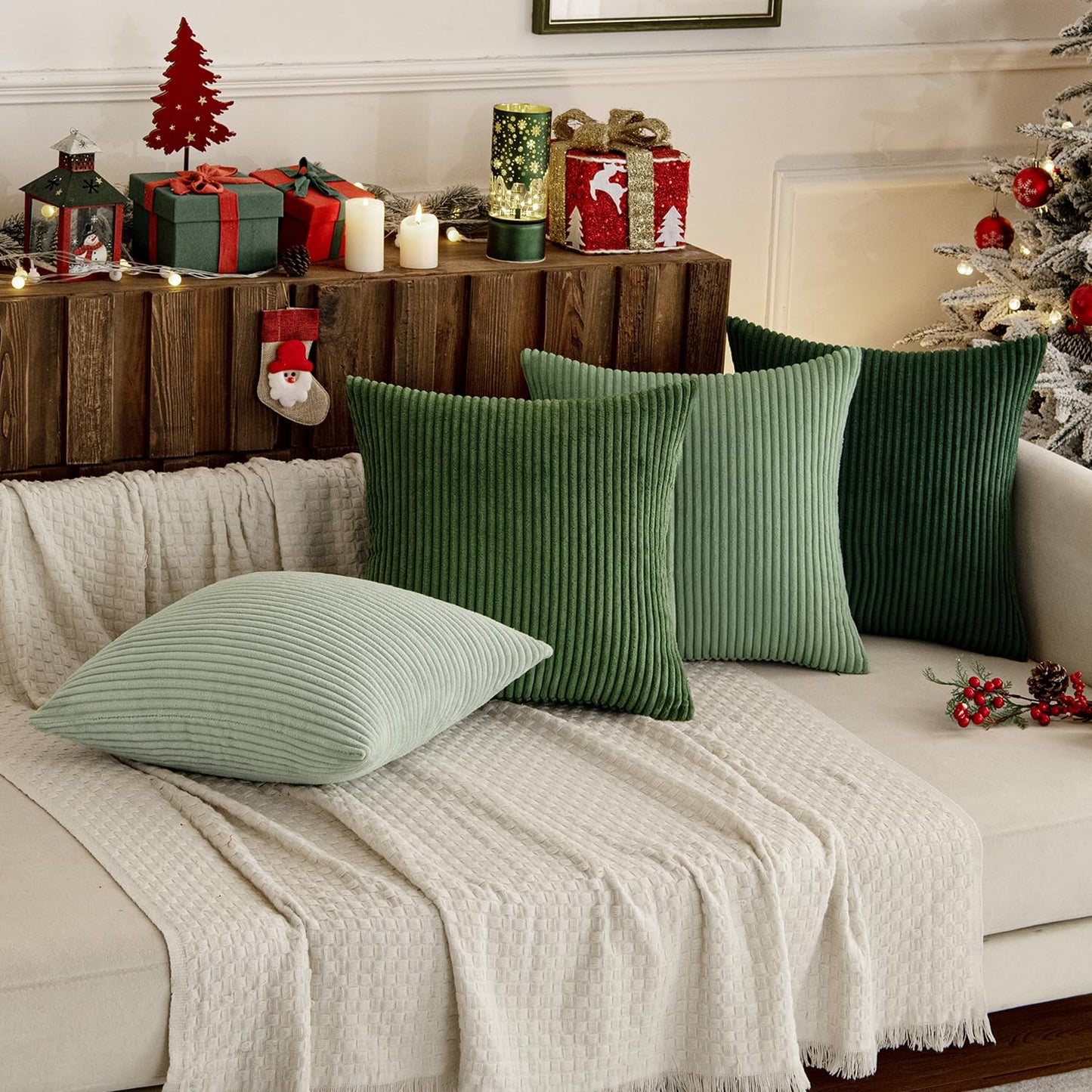 Boho Sage Green Corduroy Throw Pillow Cover Set