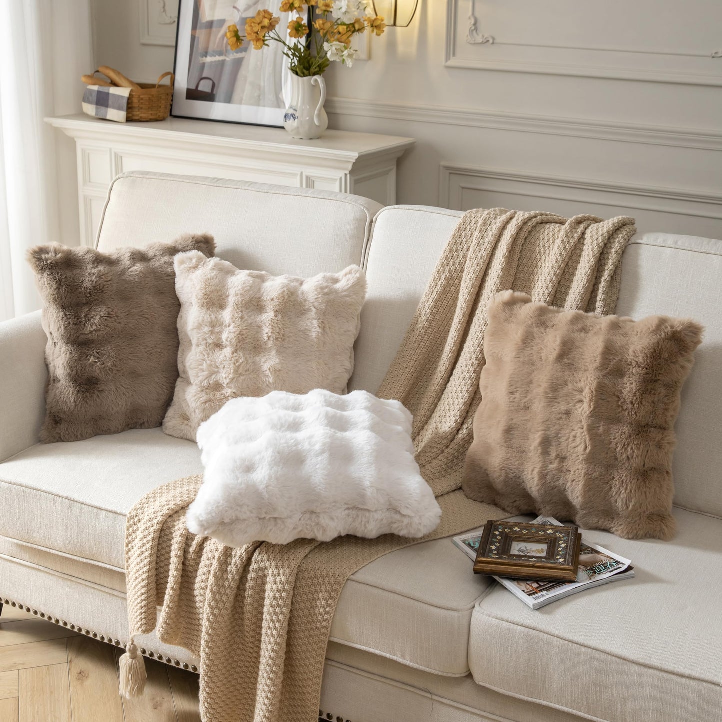 Plush Faux Fur Wave Throw Pillow Cover Set