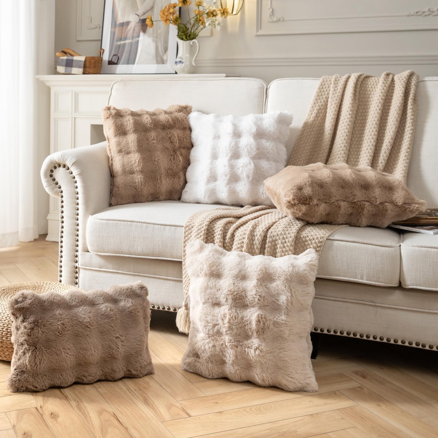 Plush Faux Fur Wave Throw Pillow Cover Set