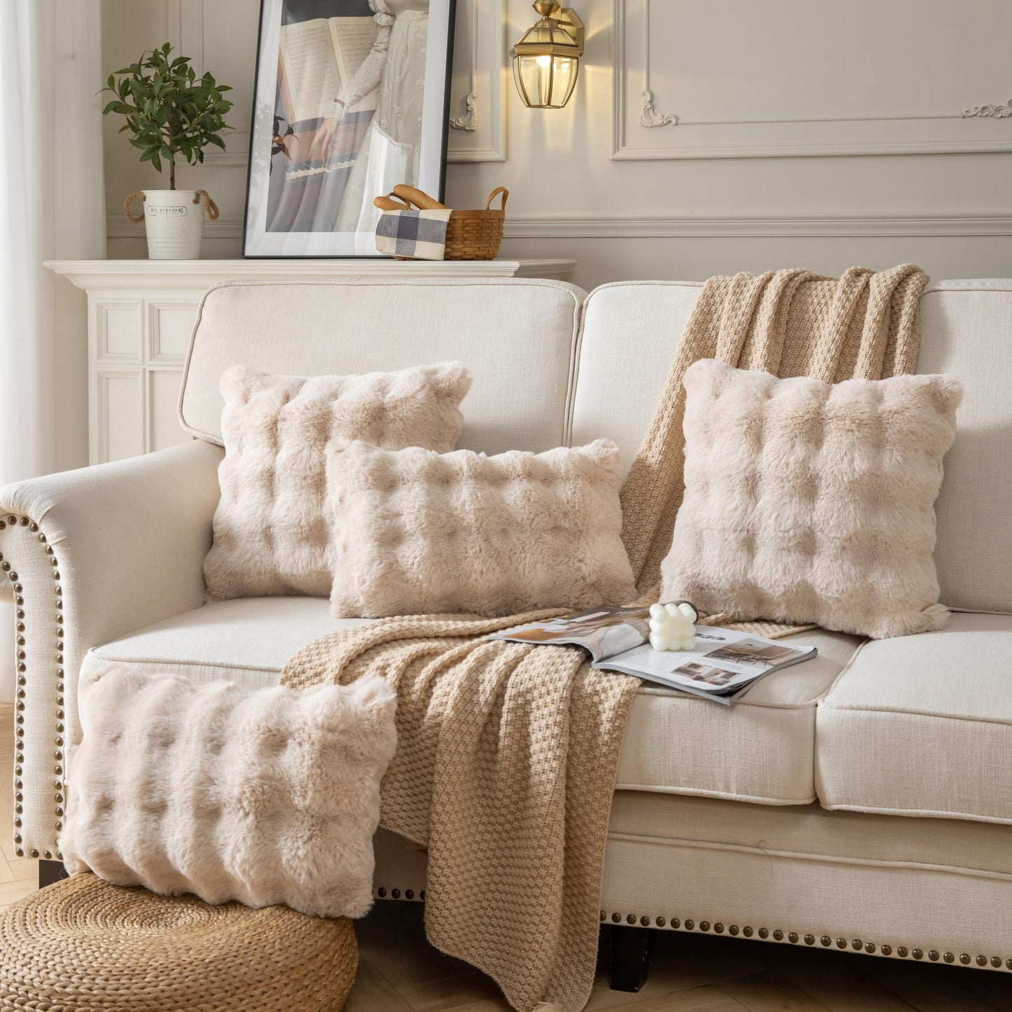 Plush Faux Fur Wave Throw Pillow Cover Set