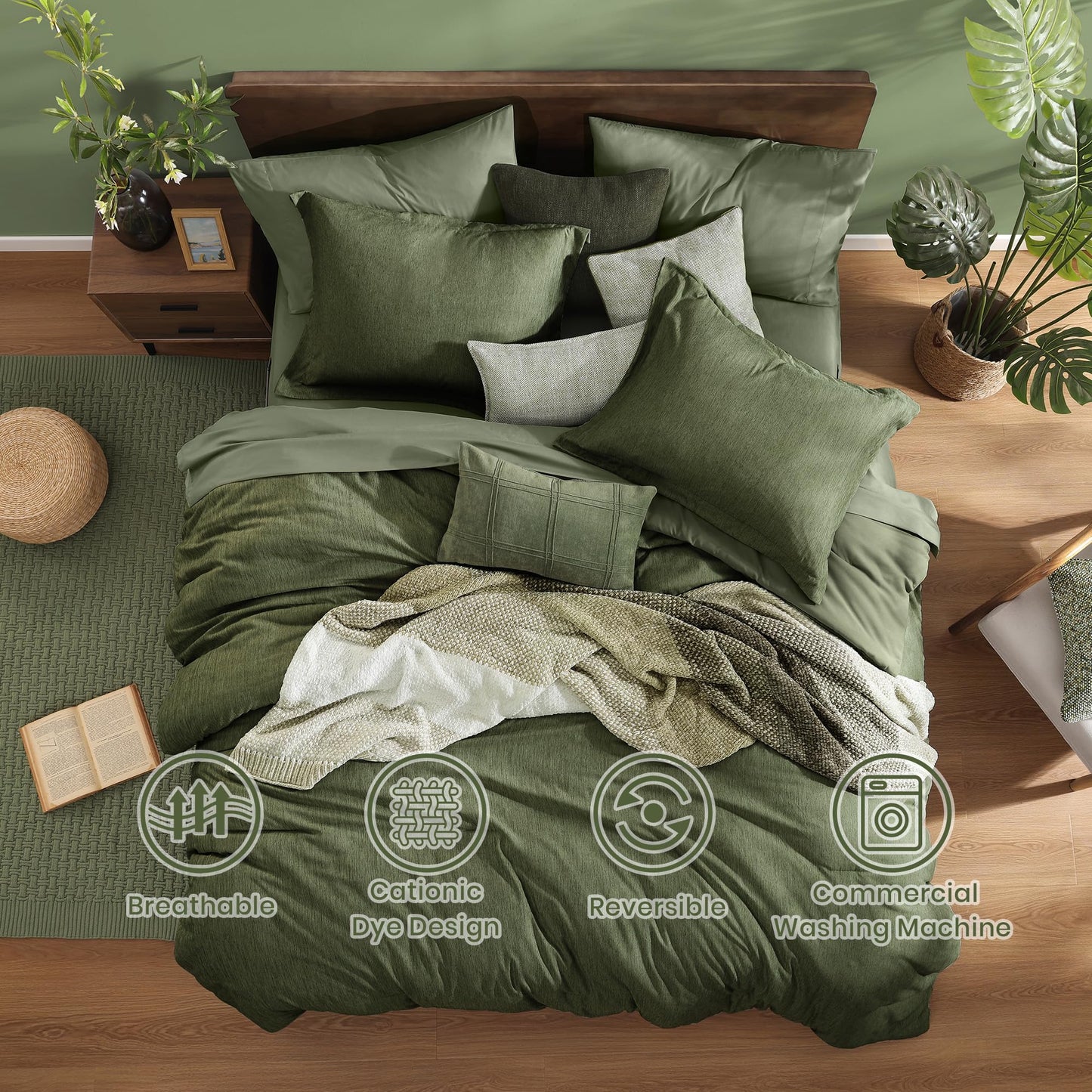7-Piece Reversible Comforter Set Queen Size Olive Green